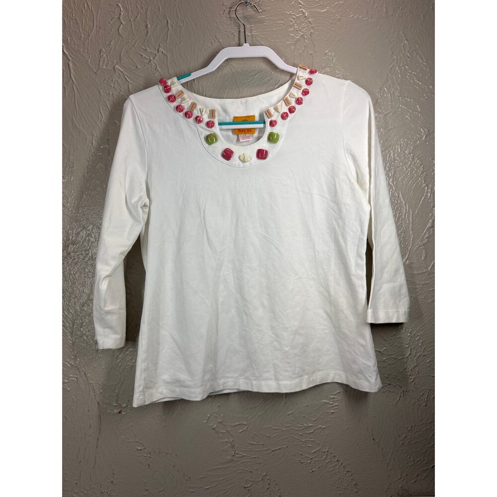 Ruby Rd Womens 3/4 Sleeve White Pullover Beaded‎ Neck Wearable Art Size Medium